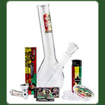 Geschenkset "Rasta Amsterdam" Bong+Grinder+Siebe+Feuer+Paper+Tip