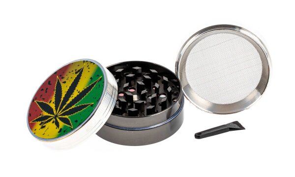 Pollinator Grinder - Glitzer Hanfblatt - D 50 mm H 35 mm - Rasta Farben