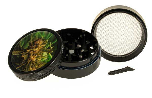 Black Leaf Pollinator Grinder mit Bild - Buds - D 50 mm H 40 mm - Schwarz