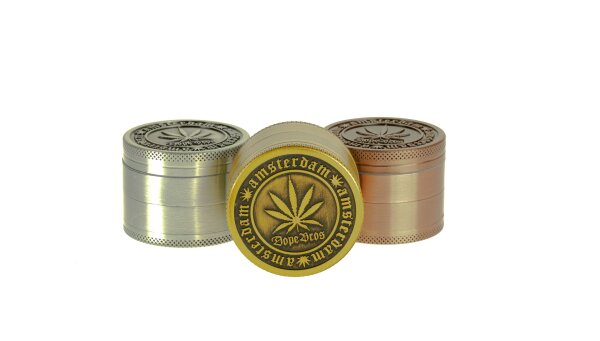 Dope Bros - Pollinatorgrinder 4tlg. - Mit Logo & Amsterdam Schriftzug - Gold/Kupfer/Silber
