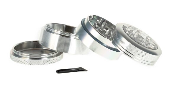 Alugrinder + Pollinator/Sieb incl. Sichtfenster 4tlg. D 50 mm H 40 mm, CNC, silber
