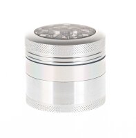 Alugrinder + Pollinator/Sieb incl. Sichtfenster 4tlg. D 50 mm H 40 mm, CNC, silber