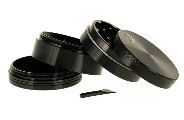 Black Leaf Alugrinder D 55 mm mit Pollinator/Sieb H 40 mm, CNC, 4-teilig Schwarz