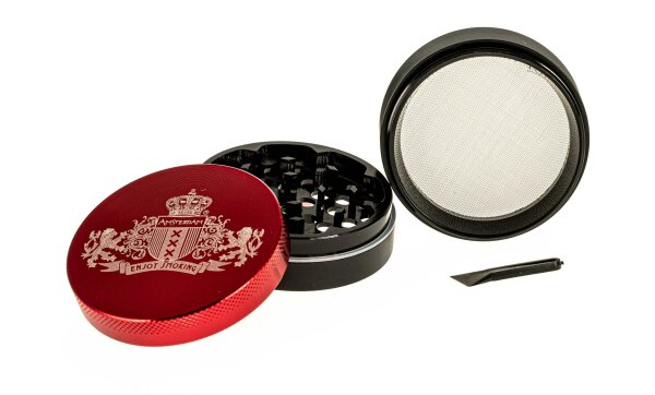 Alugrinder "Amsterdam " D 55 mm Pollinator/Sieb H 40 mm, CNC, 4-tlg. - Rot / Schwarz