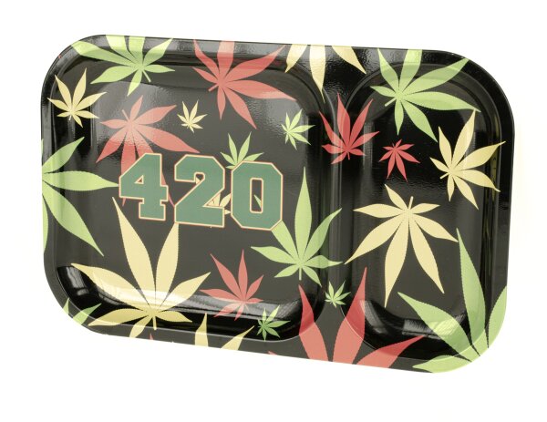 Rolling Tray - Schwarz mit Hanfblatt in bunt "420" - 2 Fächer - 23x15x1,5 cm - Mini/Small