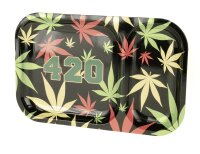 Rolling Tray - Schwarz mit Hanfblatt in bunt "420" - 2 Fächer - 23x15x1,5 cm - Mini/Small