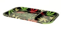 Rolling Tray - Schwarz mit Hanfblatt in bunt "420" - 2 Fächer - 23x15x1,5 cm - Mini/Small