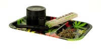 Rolling Tray - Schwarz mit Hanfblatt in bunt "420" - 2 Fächer - 23x15x1,5 cm - Mini/Small