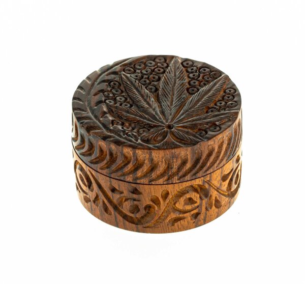 Holzgrinder aus Rosenholz mit Metallschneidezähnen Hanfblatt geschnitzt D 5 cm H 3,3 cm
