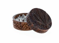 Holzgrinder aus Rosenholz mit Metallschneidezähnen Hanfblatt geschnitzt D 5 cm H 3,3 cm