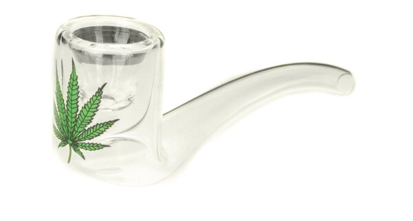 Purpfeife aus Glas - gebogen - Hanfblatt Aufdruck - L 9,5 cm