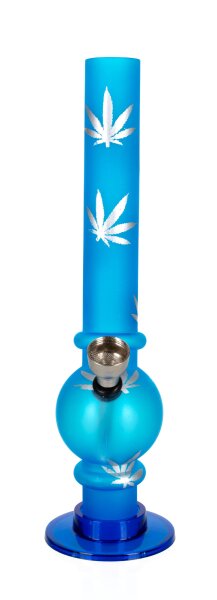 Acrylbong - mit Bowl - Blau, gefrostet mit Hanfblättern - H 20 cm D 1,8 cm