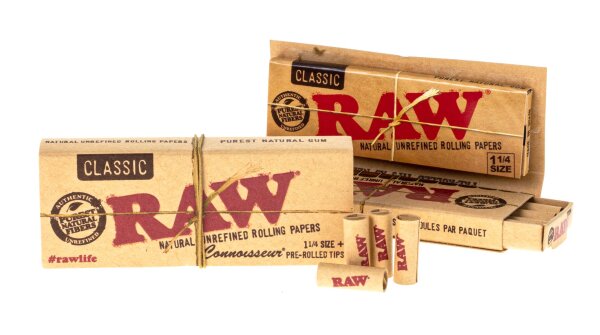 RAW Classic Connoisseur - unbleached - 1 1/4 - 50 Blättchen + 16 vorgerollte Tips