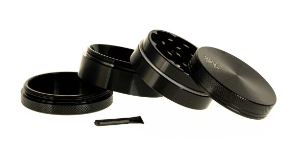Black Leaf - Alugrinder + Pollinator/Sieb 4tlg. D 50 mm H 40 mm, CNC, Schwarz