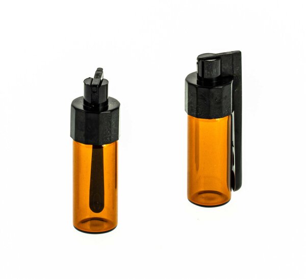 Pulverflasche mit Löffel H 5,1 cm (außen am Deckel) - Groß - Braunglas