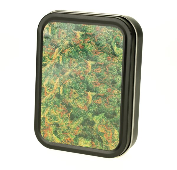 Metalldose - XL Buds - 112x82x26 mm - Schwarz mit Aufkleber