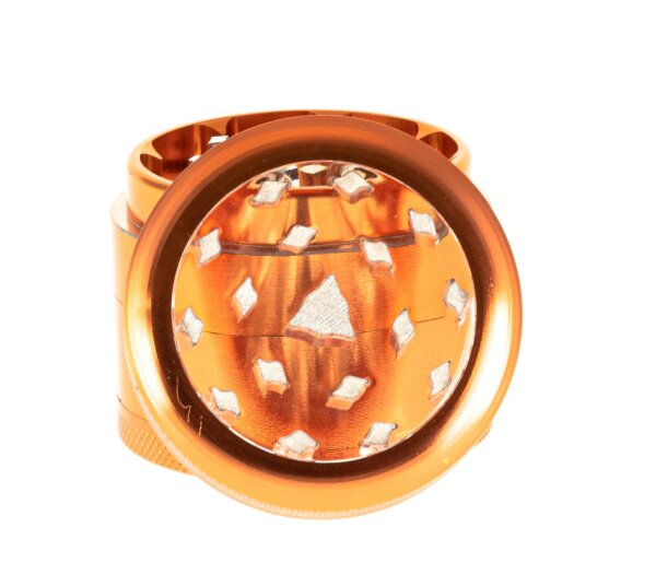 Alugrinder + Pollinator/Sieb incl. Sichtfenster 4tlg. D 50 mm H 40 mm, CNC, orange
