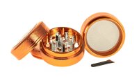 Alugrinder + Pollinator/Sieb incl. Sichtfenster 4tlg. D 50 mm H 40 mm, CNC, orange