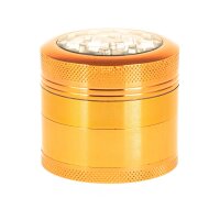 Alugrinder + Pollinator/Sieb incl. Sichtfenster 4tlg. D 50 mm H 40 mm, CNC, orange