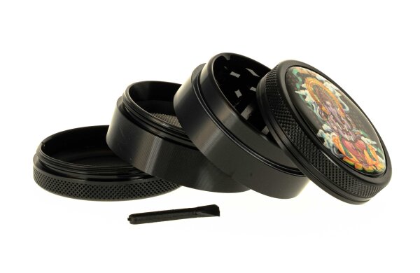 Black Leaf Pollinator Grinder mit Bild - Ganesha - D 50 mm H 40 mm - Schwarz