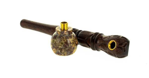 Holzpfeife/Purpfeife - geschnitzt L 12,5 cm mit Steinkopf - Braun