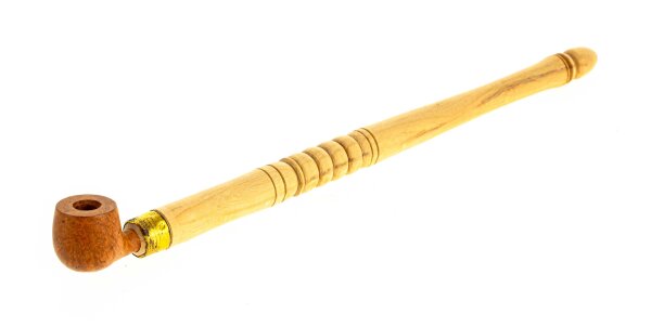 Purpfeife aus Olivenholz mit Bruyerkopf L 22,8 cm