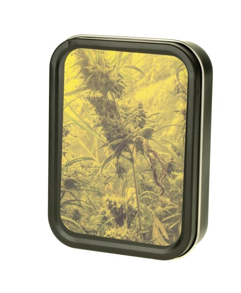 Metalldose - Leaves - 112x82x26 mm - Schwarz mit Aufkleber