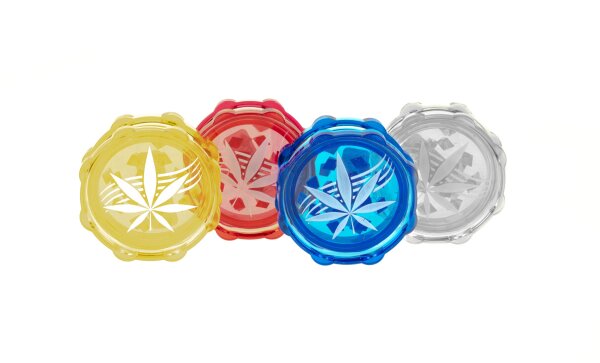 Mini Acrylgrinder mit Pyramidenspitzen & Hanfblatt Aufdruck - D 52 mm - versch. Farben