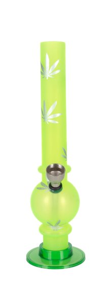 Acrylbong - mit Bowl - Grün, gefrostet mit Hanfblättern - H 20 cm D 1,8 cm