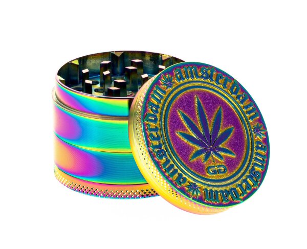 Grace Glass Amsterdam Pollinator Grinder - Leaf & Amsterdam Schriftzug - Rainbow - D 50 mm